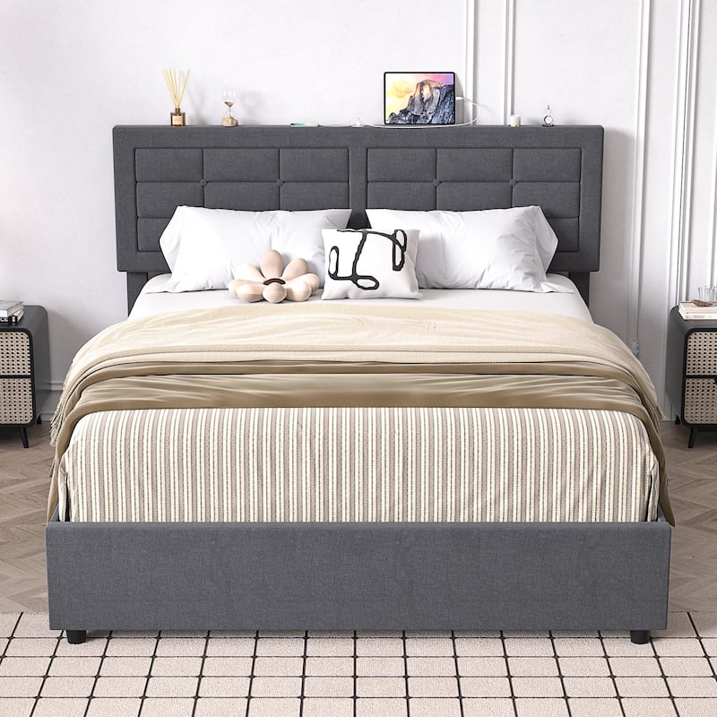Javlergo Full Queen Size Bed Frame with USB Charging Station Adjustable Height Upholstered Headboard No Box Spring Needed - Grey - Full
