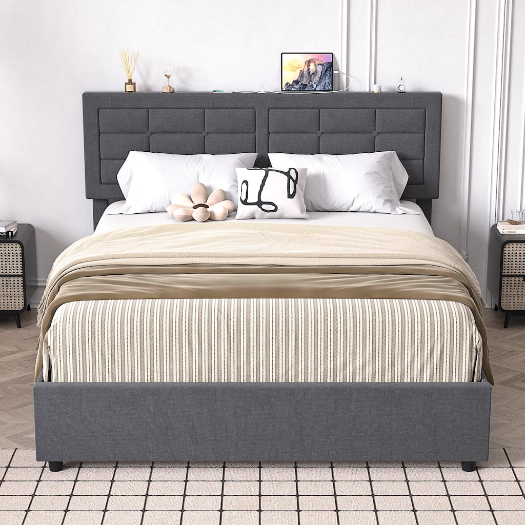 Javlergo Full Queen Size Bed Frame with USB Charging Station Adjustable Height Upholstered Headboard No Box Spring Needed