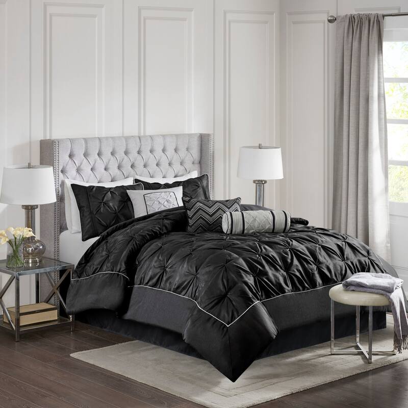 7 Piece Tufted Comforter Set Black Queen - Black