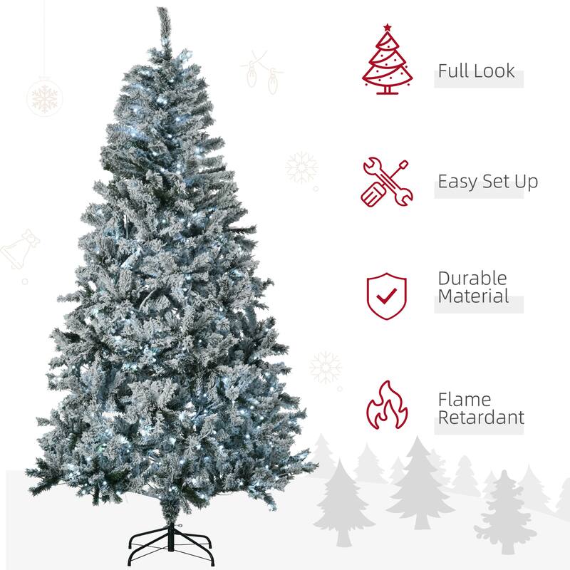 7.5' Tall Prelit Flocked Christmas Tree with 1254 Tips, Cold White LED Lights & Easy Assembly