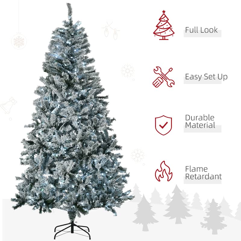 HOMCOM Flocked Artificial Christmas Tree - Cold White LED Lights - Green