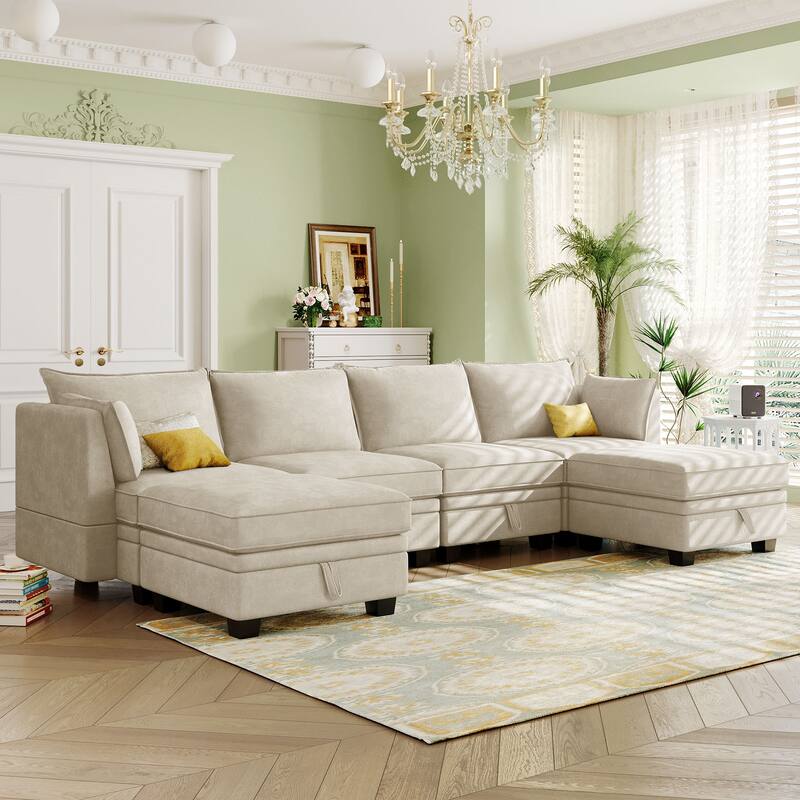 U-Shape Modular Sectional Sofa with Storage Chaise and Movable Ottoman Convertible Sofa Bed, Lounge Couches with 2 Pillows - Beige