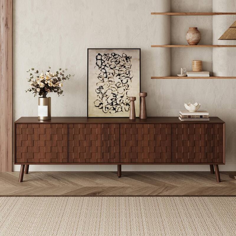 70" Modern TV Stand for TVs up to 80", Entertainment Center with Solid Wood Legs, Soft-Closing Hinges & Cable Management - Walnut