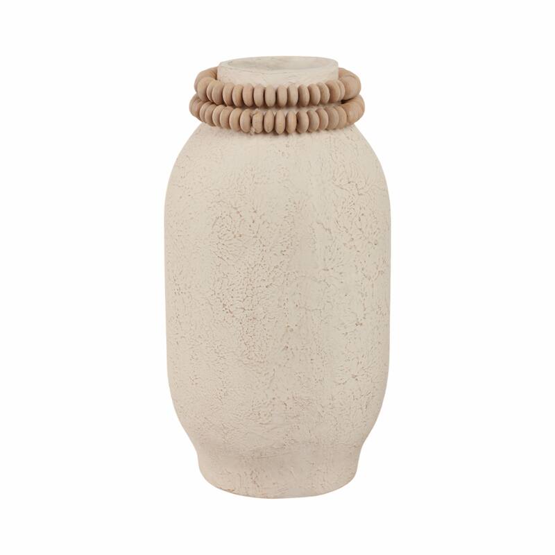 Pottery Mango Wood Vase Textured Surface and Removable Beaded Accent