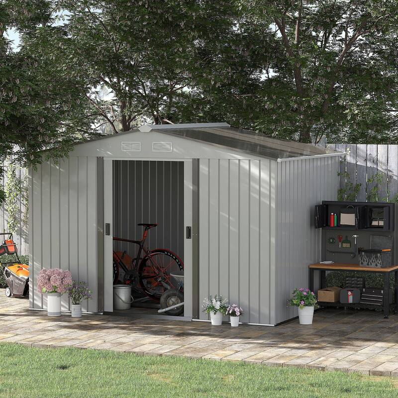Outsunny 9' x 6' Outdoor Backyard Garden Tool Shed with Double Sliding Doors, 4 Airy Vents, & Durable Steel - Silver