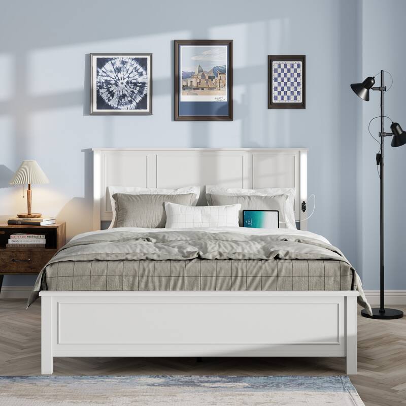 Led Queen Size Bed Frame Platform Bed with Charging Station, Wood Headboard and Footboard, No Box Spring Needed