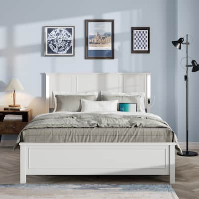 Led Queen Size Bed Frame Platform Bed with Charging Station, Wood Headboard and Footboard, No Box Spring Needed
