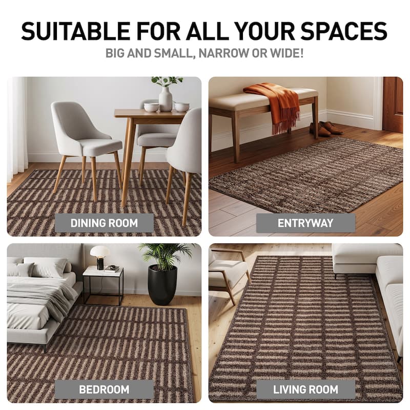 Bohemian Stripe Lines Shag Rug - Textured Surface - Anthracite Dark Gray - Easy to Clean