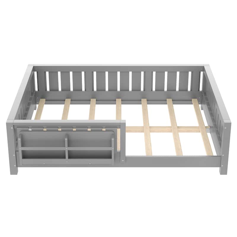 Low Profile Montessori Bed Floor Platform Bed with Fence and Bookshelf