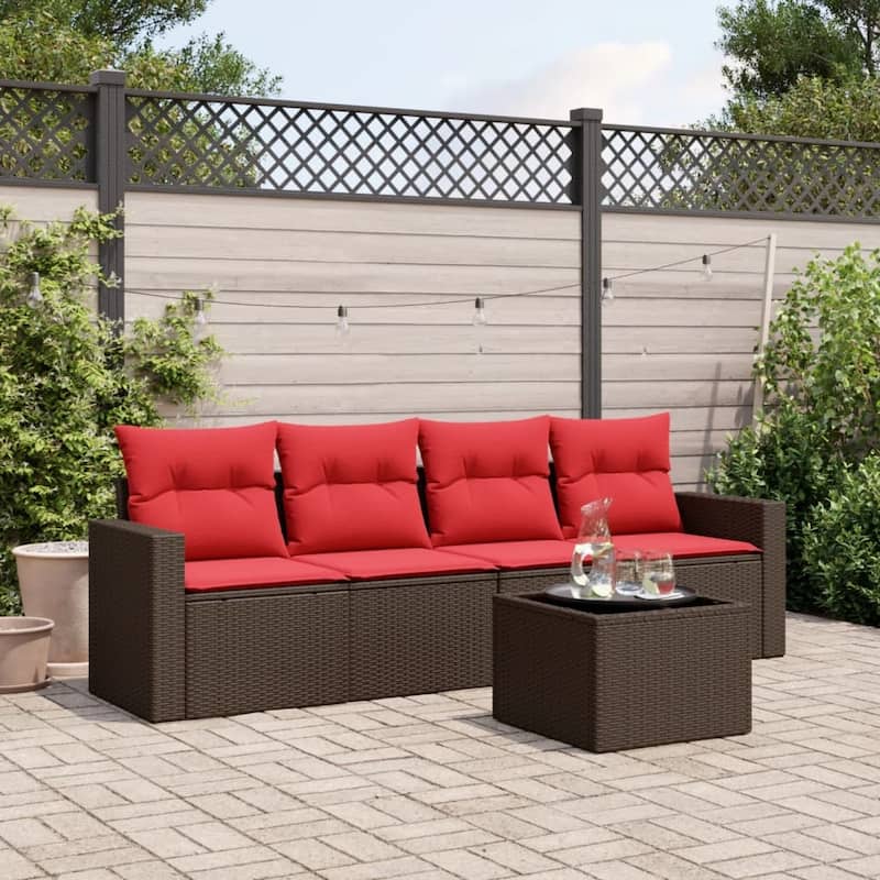 vidaXL Patio Sofa Set with Cushions Outdoor Conversation Furniture Poly Rattan - 25.8" x 24.4" x 27.2" - Brown and red with table