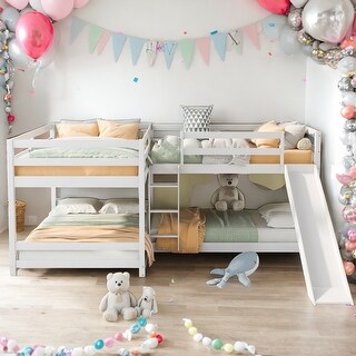 Full and Twin Size L-Shaped Bunk Bed with Slide and Short Ladder,Easy Assembly,White