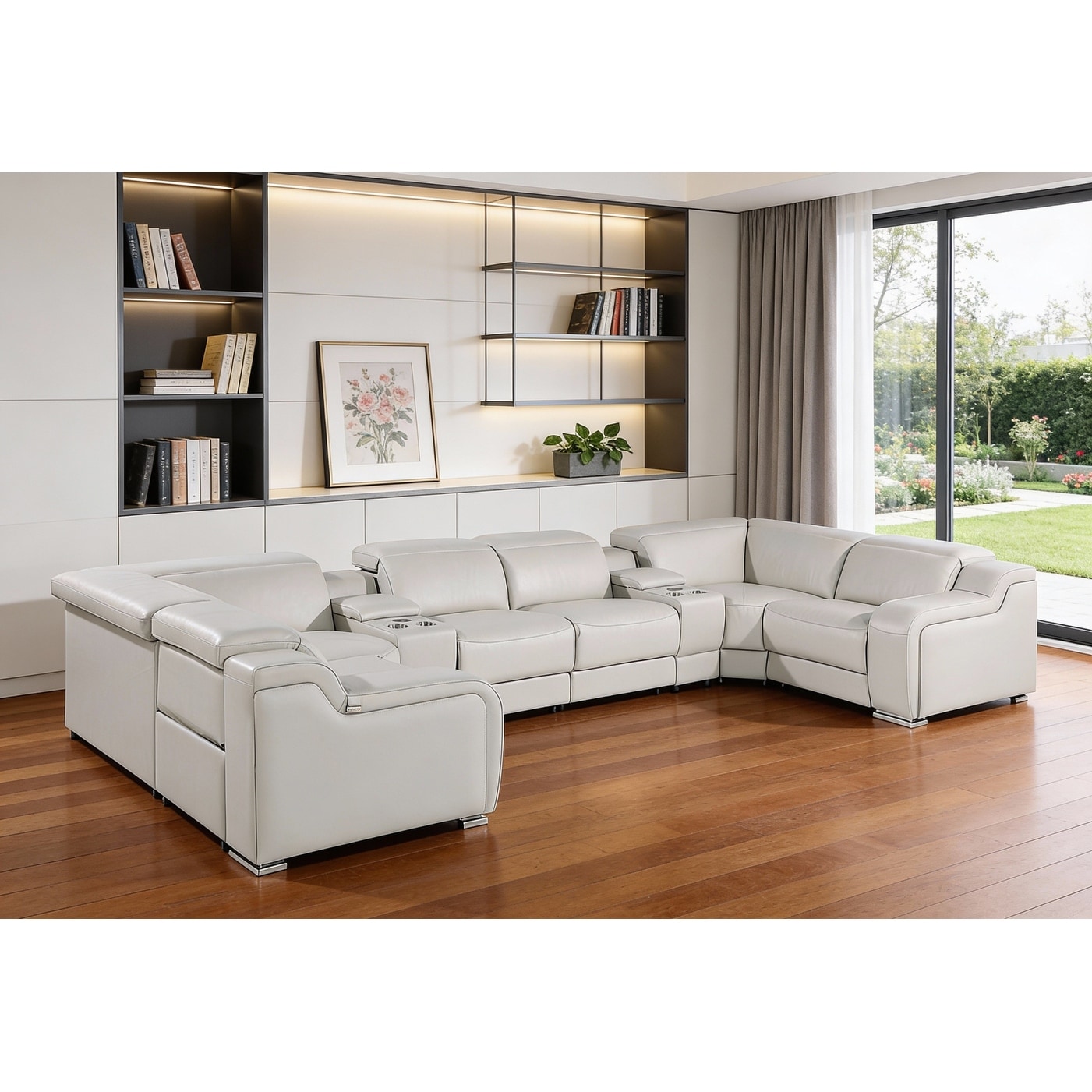 HomeRoots Light Gray Italian Leather Power Reclining U Shaped Eight Piece Corner Sectional With Console