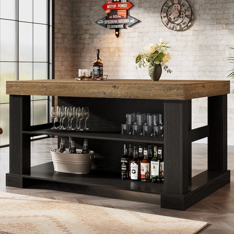 55-Inch Stationary Kitchen Island with Storage Shelves and Large Worktop, Farmhouse Style, Light Brown