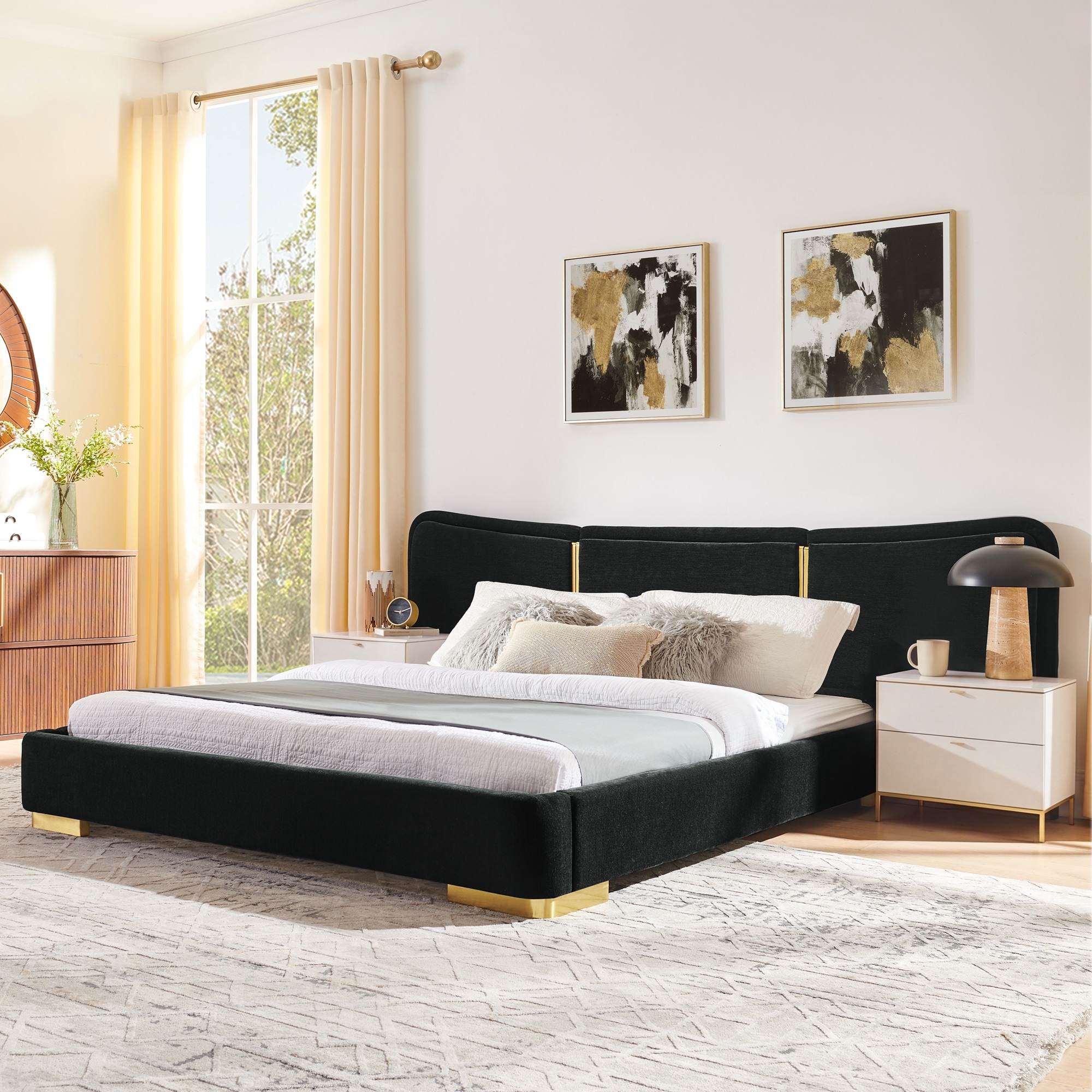 Queen Size Extra Large Platform Bed in Soft Chenille Fabric with Curved Headboard