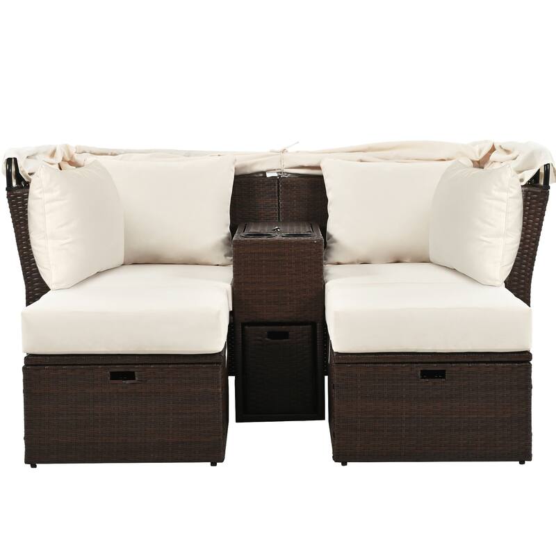 Convertible Outdoor Patio Daybed Loveseat Sofa Set with Retractable Canopy and Central Console