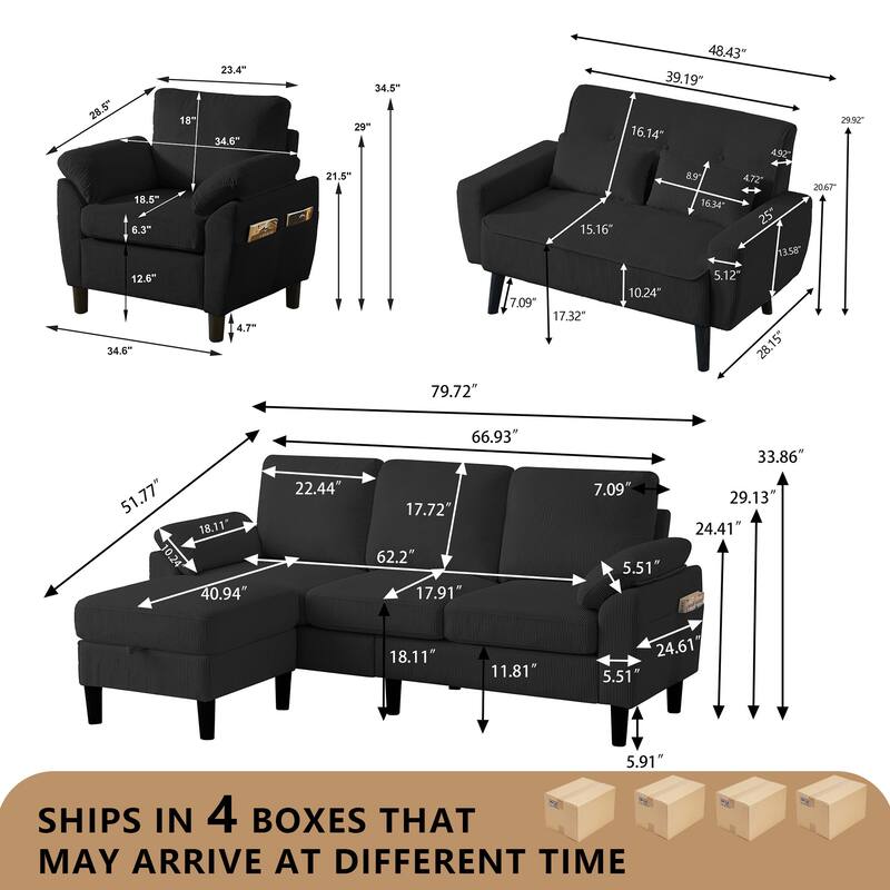 4-Piece Living Room Sectional Sofa Set with Loveseat and Chair