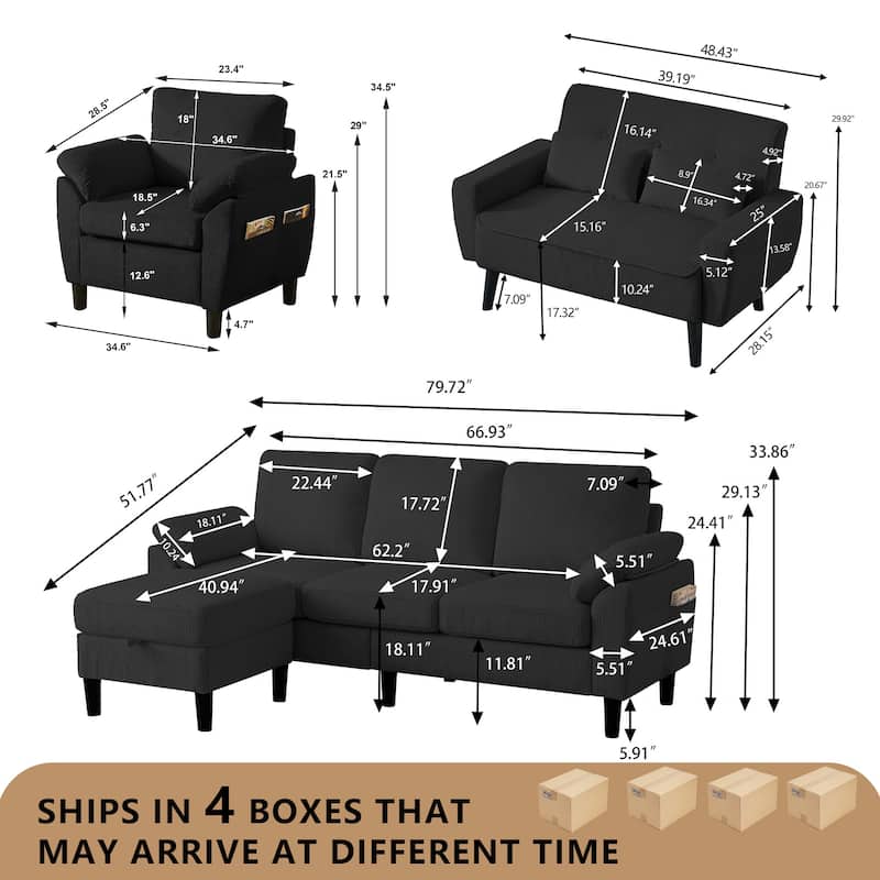 4-Piece Living Room Sectional Sofa Set with Loveseat and Chair