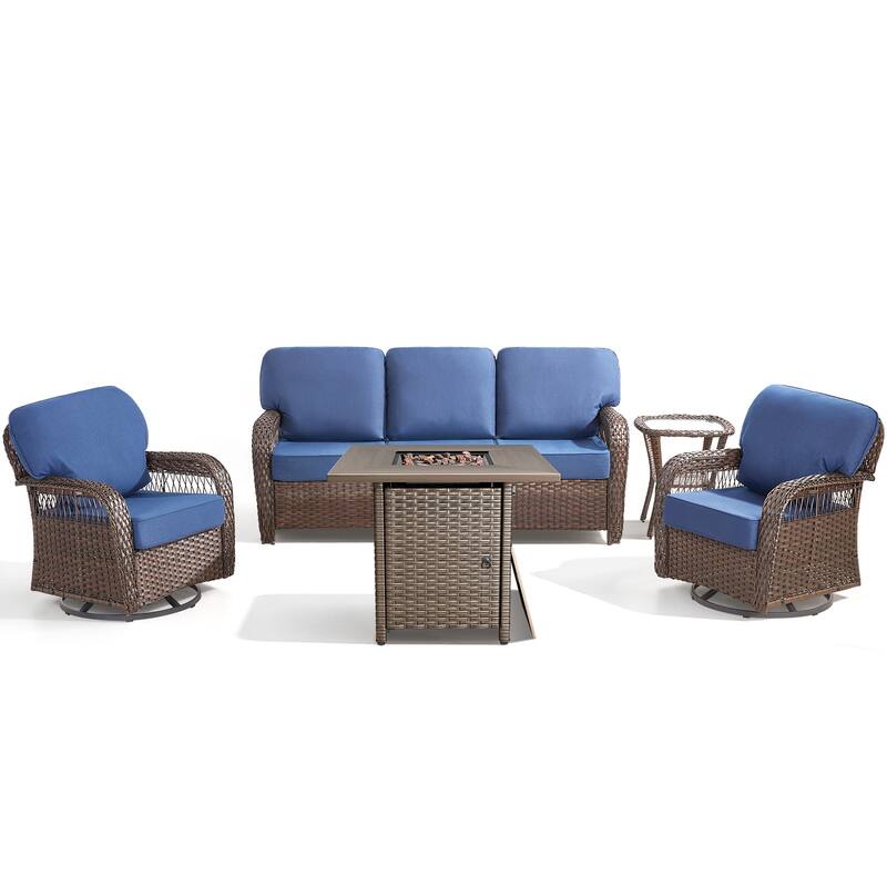 Pocassy Outdoor Sofa Ottoman Swivel Chair Table with Fire Table Set.