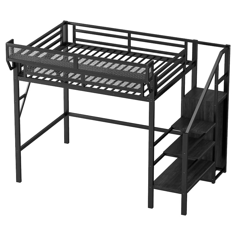Metal Loft Bed with Wooden Stairs Built-in Storage Shelves and Wardrobe, High Loft Bed Frame with Side Grid Storage Rack