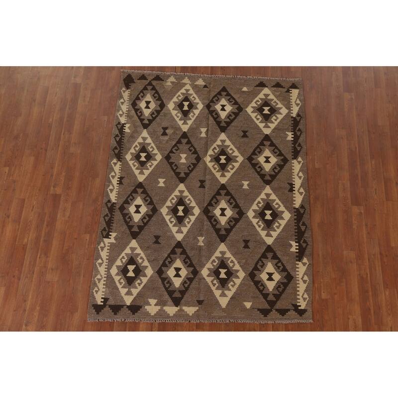 Hand Woven Oriental 100% Wool Carpet Southwestern Geometric Brown Kilim Area Rug - 6' 6'' X 4' 11''
