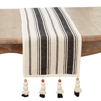 Wood Bead Tassel Trimmed Stripe Table Runner - 13"x72"