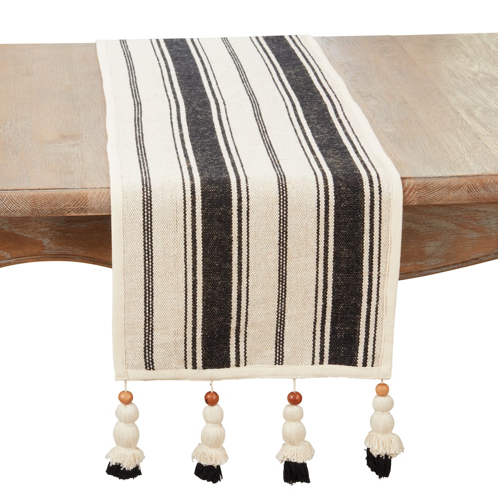 Wood Bead Tassel Trimmed Stripe Table Runner - 13"x72"