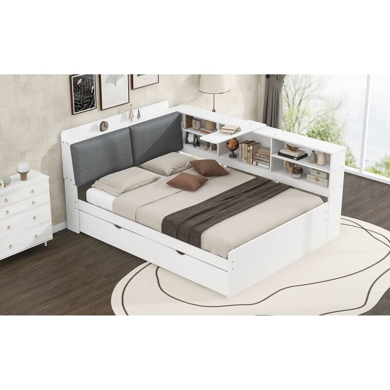Full Size Platform Bed with Trundle, Storage Headboard, and Shelves in White