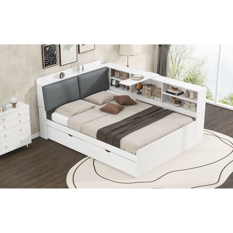 Wood Full Size Platform Bed, Storage Daybed Frame with Trundle, Shelves & Storage Upholstered Headboard, L Shaped Full Floor-Bed