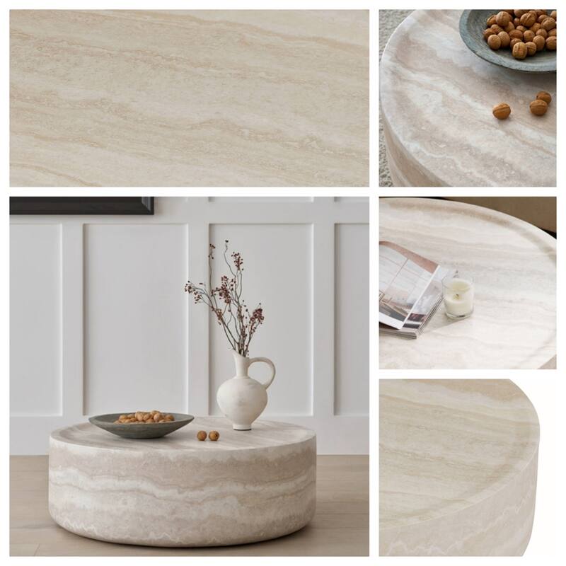 Modern Coffee Tables Tea Faux Travertine Textured Table, No Need Assembly