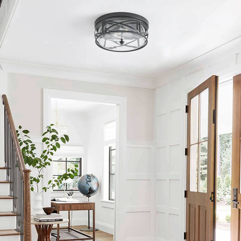 Farmhouse 2-Light Metal Frame Flush Mount Close to Ceiling Light with Seeded Glass Shade