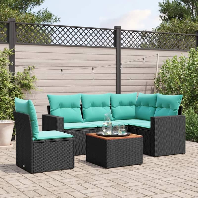 vidaXL 6 Piece Patio Sofa Set with Cushions Black Poly Rattan - 24.4 x 24.4 x 27.2 - Black-corner + 2x Sofa + 2x middle + Table