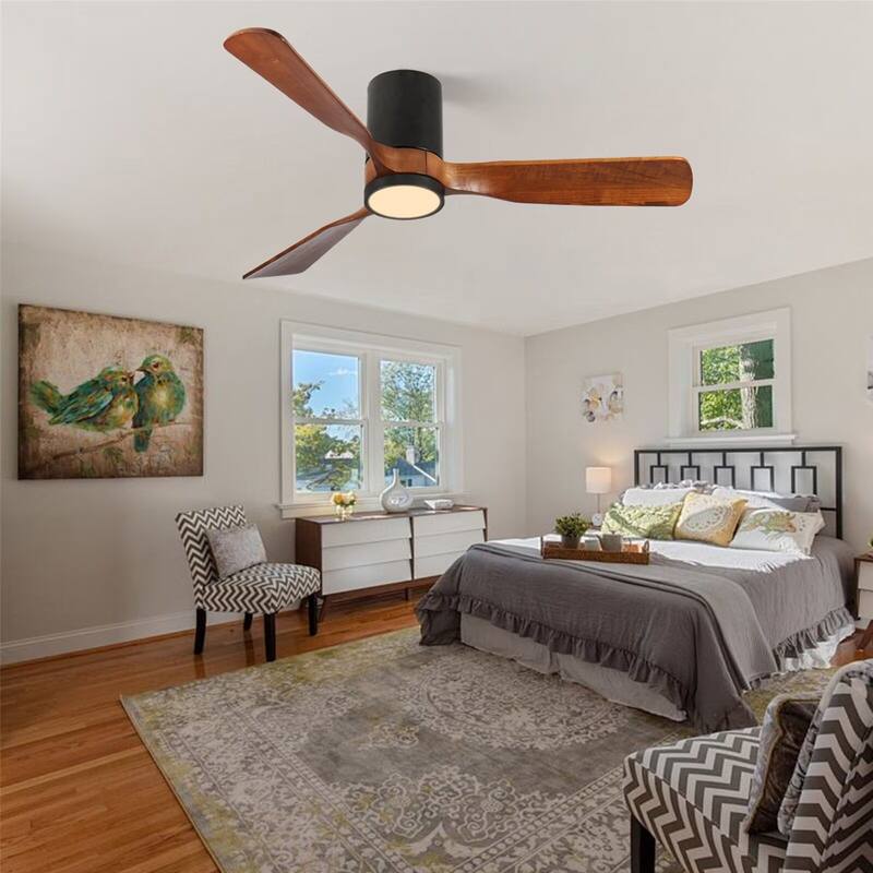 52" LED Flush Mount Ceiling Fan with Wood Blades, 6-Speed DC Remote Control