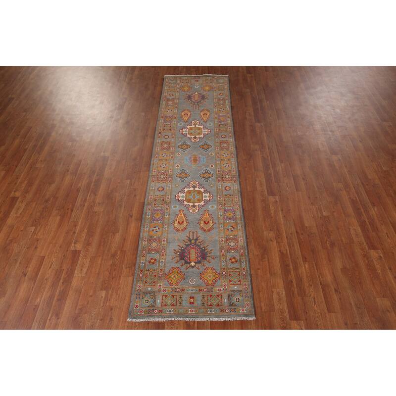 Gray Kazak Oriental Runner Rug Handmade Wool Carpet - 2'8" x 9'7"