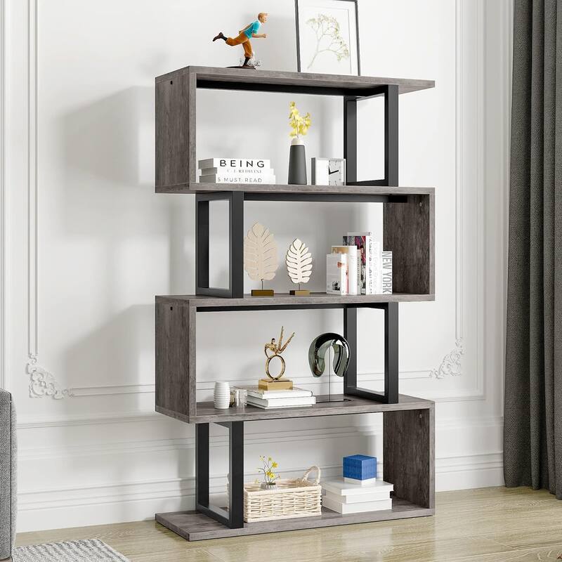 Hermoth Wood 5 Tiers Bookshelf S-Shaped Z-Shelf Style Bookcase Storage Display - Grey