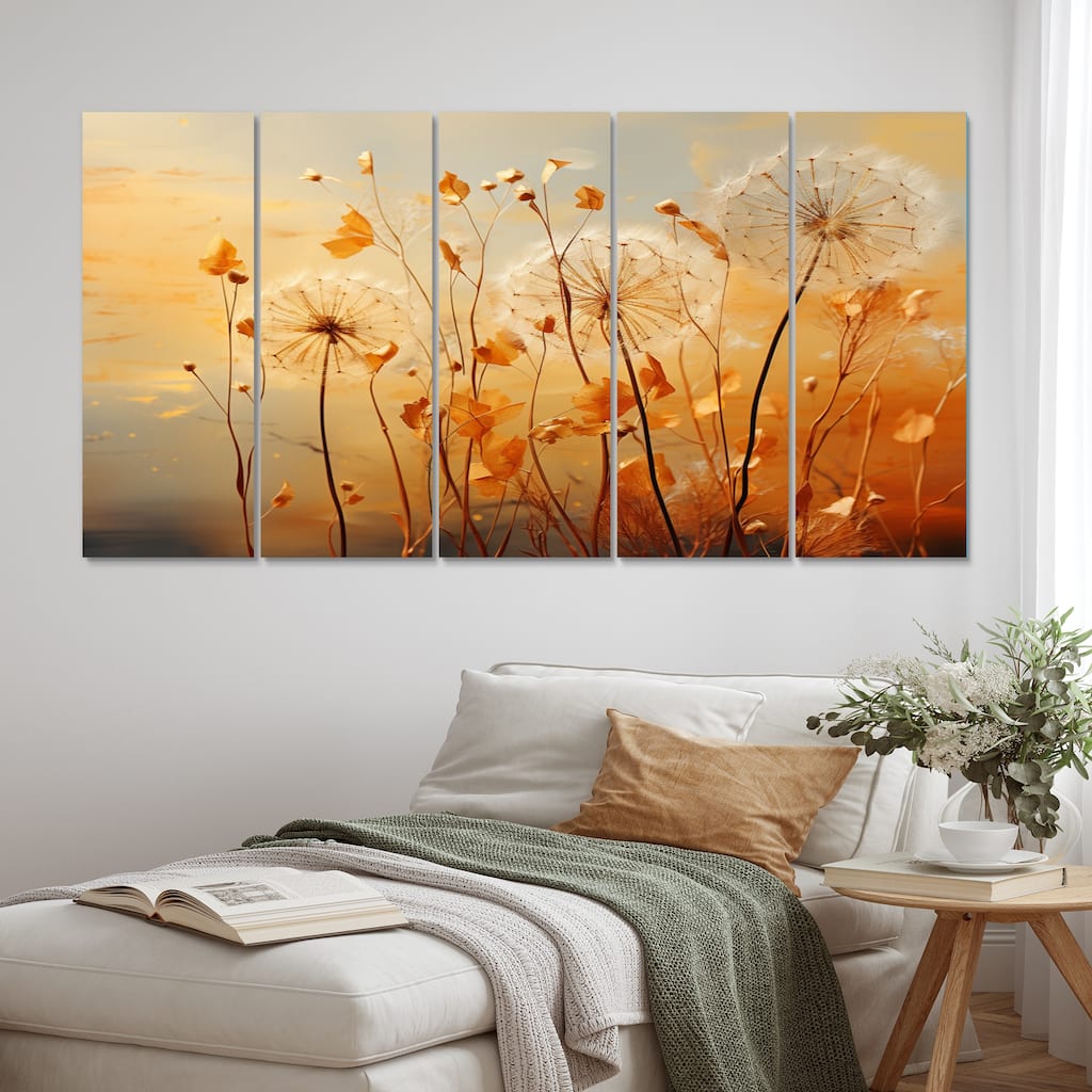 Designart "Orange Dandelion Dreams I" Floral Metal Wall Decor Set