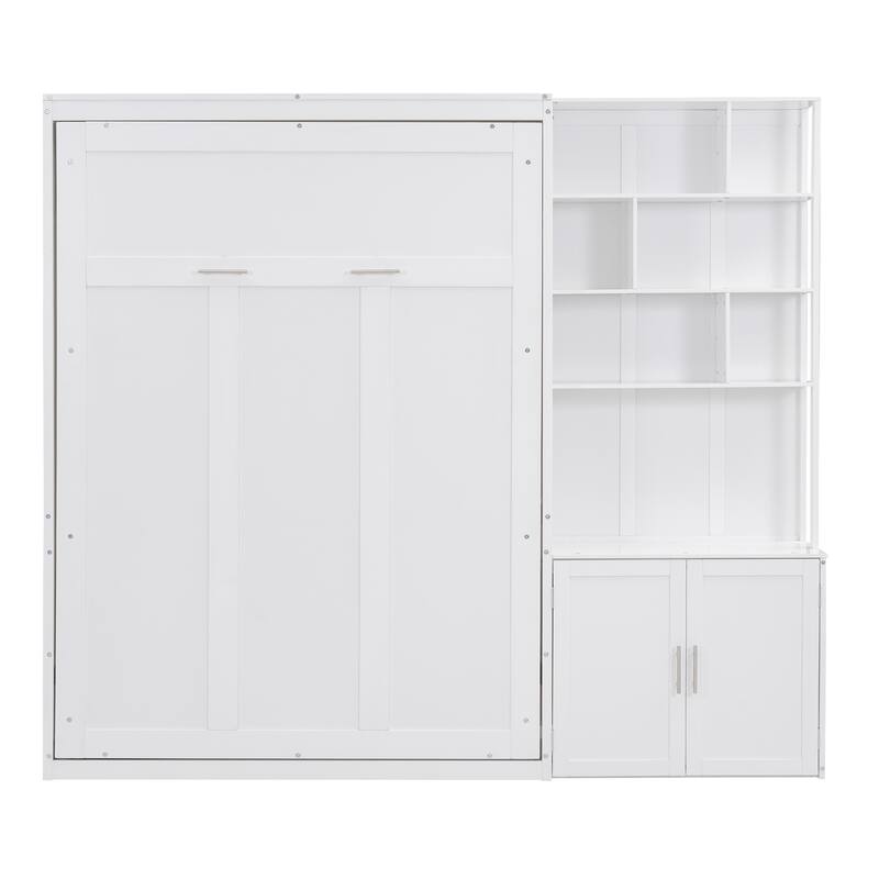 Space-Saving Full Size Murphy Bed with Storage Shelves and Cabinet, White