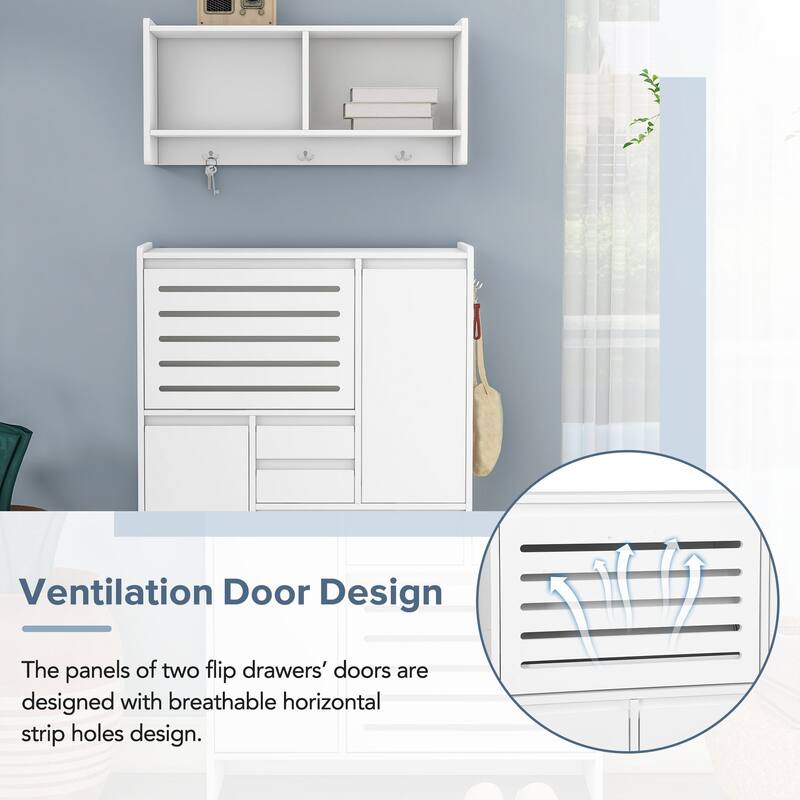 Multi-Functional Shoe Cabinet with Wall Cabinet, Space-saving Design Side Cabinet with 2 Flip Drawers and Hanging Hooks