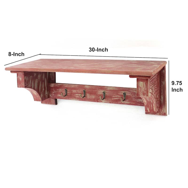 Wooden Wall Shelf with 4 Hooks and Carved Side Frames, Distressed Red