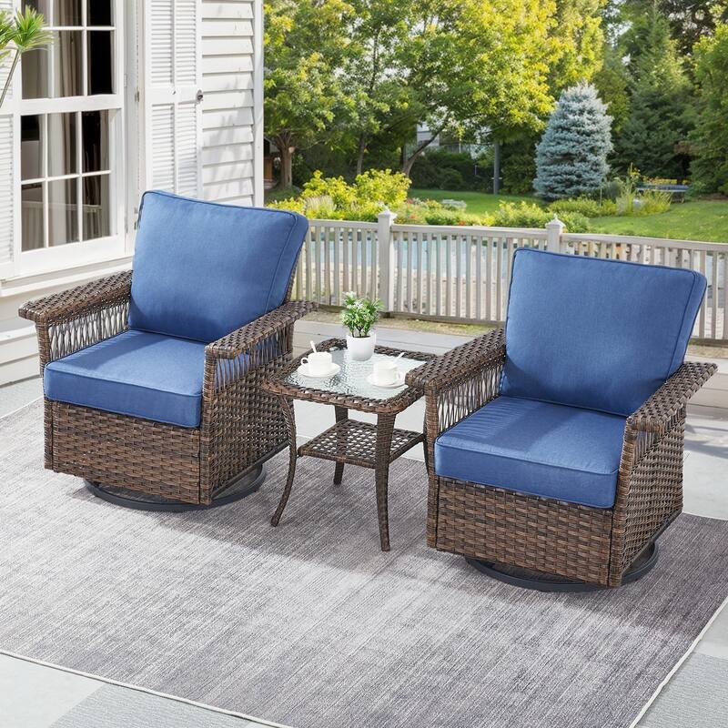Gymojoy Patio Furniture Set with Professional Outdoor Cushions - 3-Piece included Swivel Glider - Blue