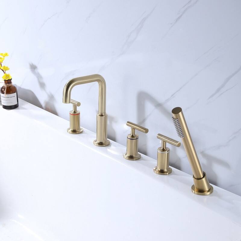 Desk Mount 5 Holes Bathtub Faucet with Handheld Shower, Gold