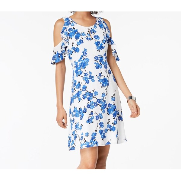 blue and white cold shoulder dress