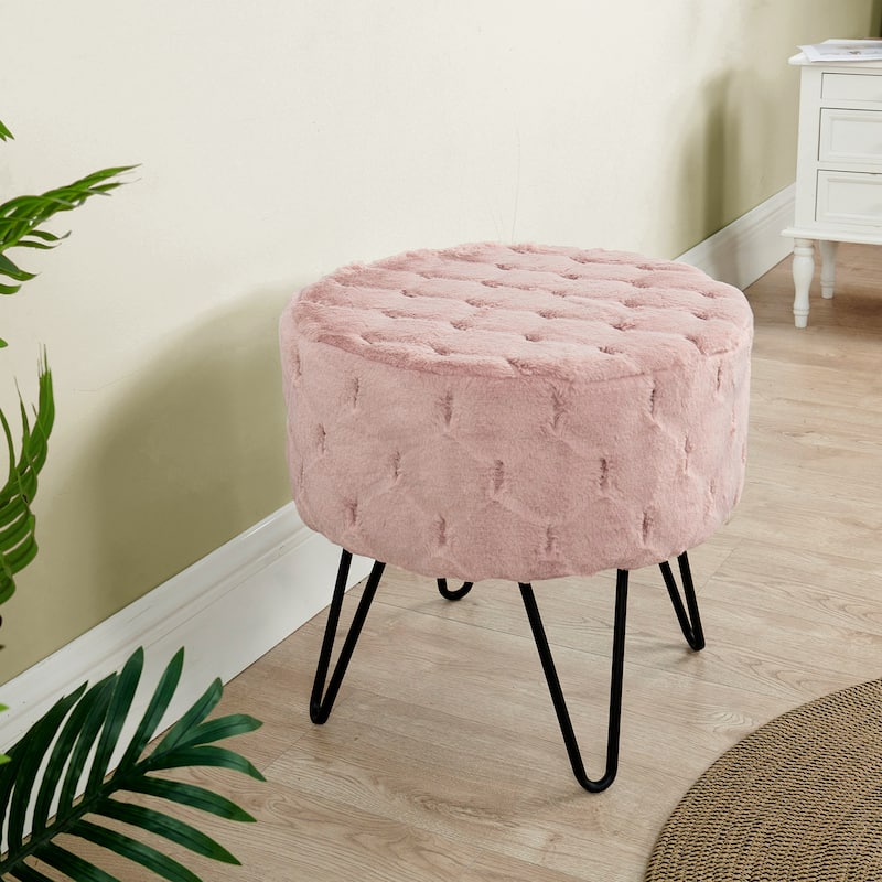 Jacquard Solid Fauxfur Round Ottoman