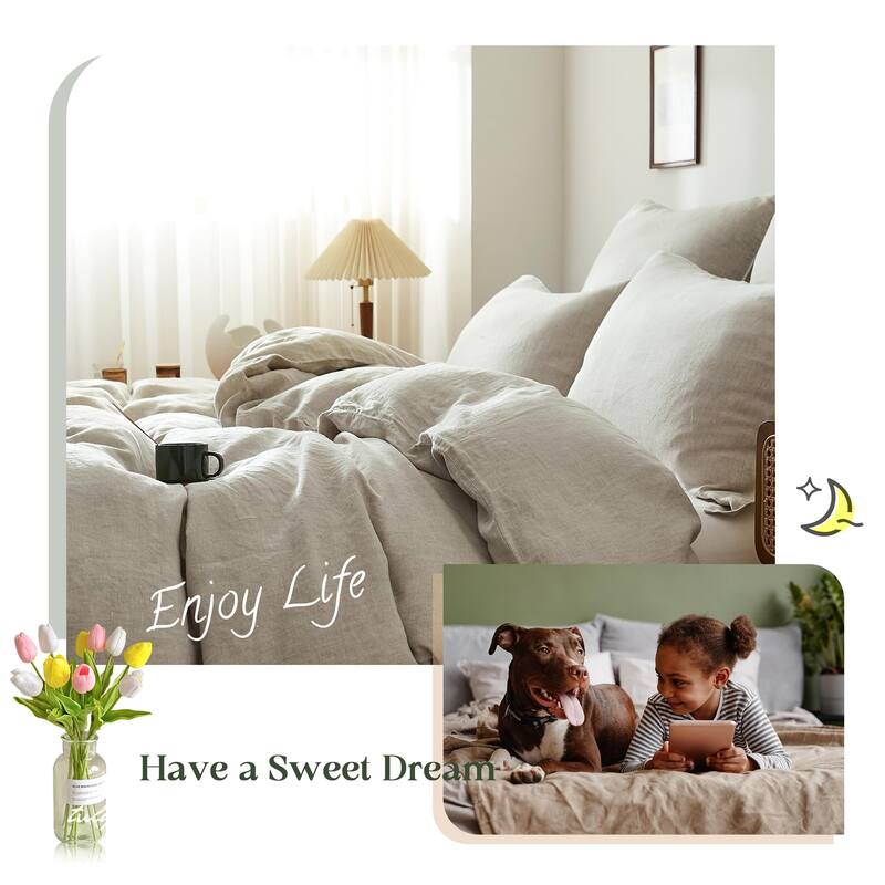 100% Linen Duvet Cover Set with Washed-French Flax-3 Pieces Basic Bedding Set-Soft Comforter Cover with 2 Pillowshams(Queen)