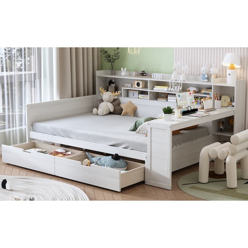 Antique White Full Size Wooden Daybed with Storage Shelves, Drawers & Study Desk