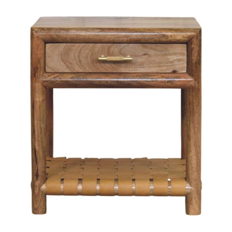 HomeRoots 20" Light Brown Solid Wood One Drawer Nightstand With Leather Shelf