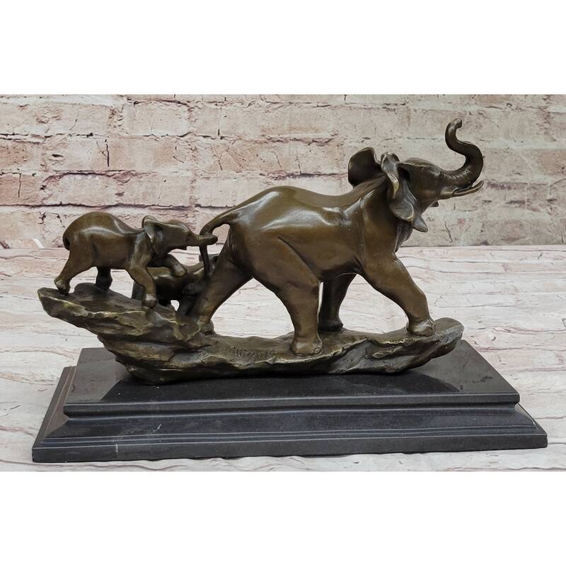 Mother Elephant And Baby Calf Bronze Statue Sculpture Original Art On Marble Base