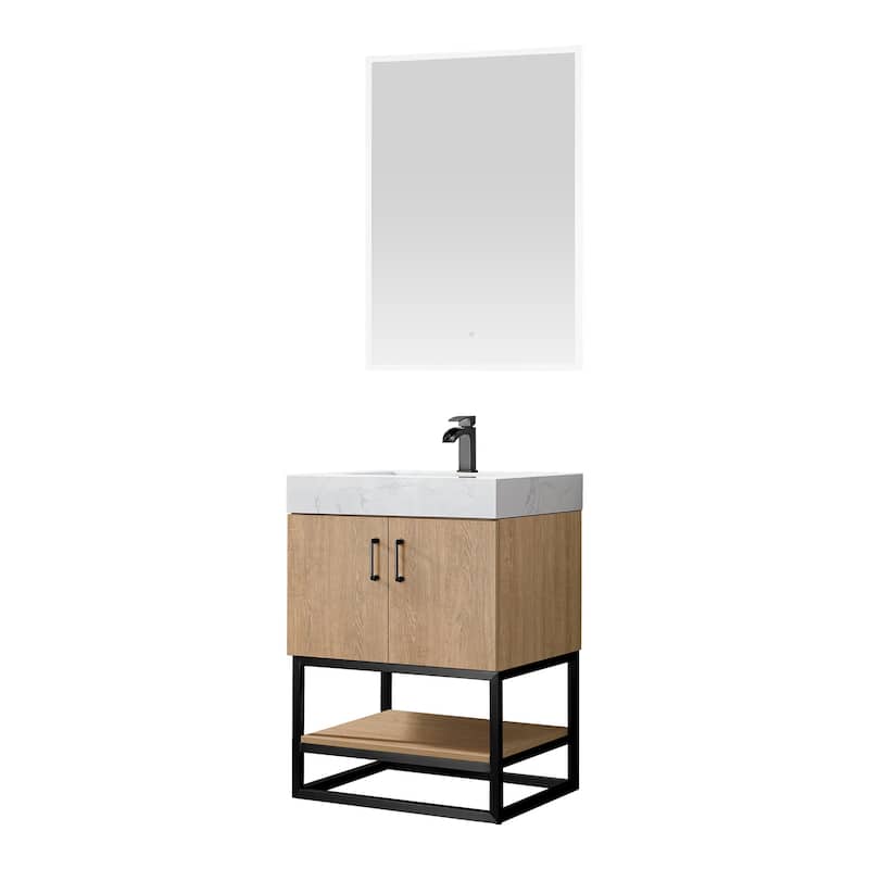 Alistair Single Bath Vanity with White Grain Stone Top & Mirror - 24" - North American Oak(Black Hardware)