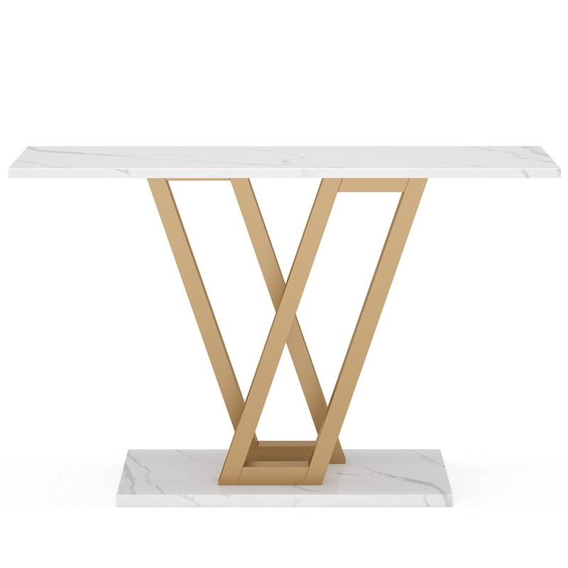 43"Modern Gold Console Table with Faux Marble Top, Narrow Entryway Table with V-Leg Metal Frame, Slim Sofa Table for Hallway