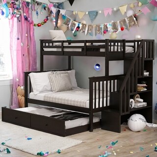 Twin-Over-Full Bunk Bed with Twin size Trundle, Storage and Guard Rail for Bedroom, Dorm, for Adults