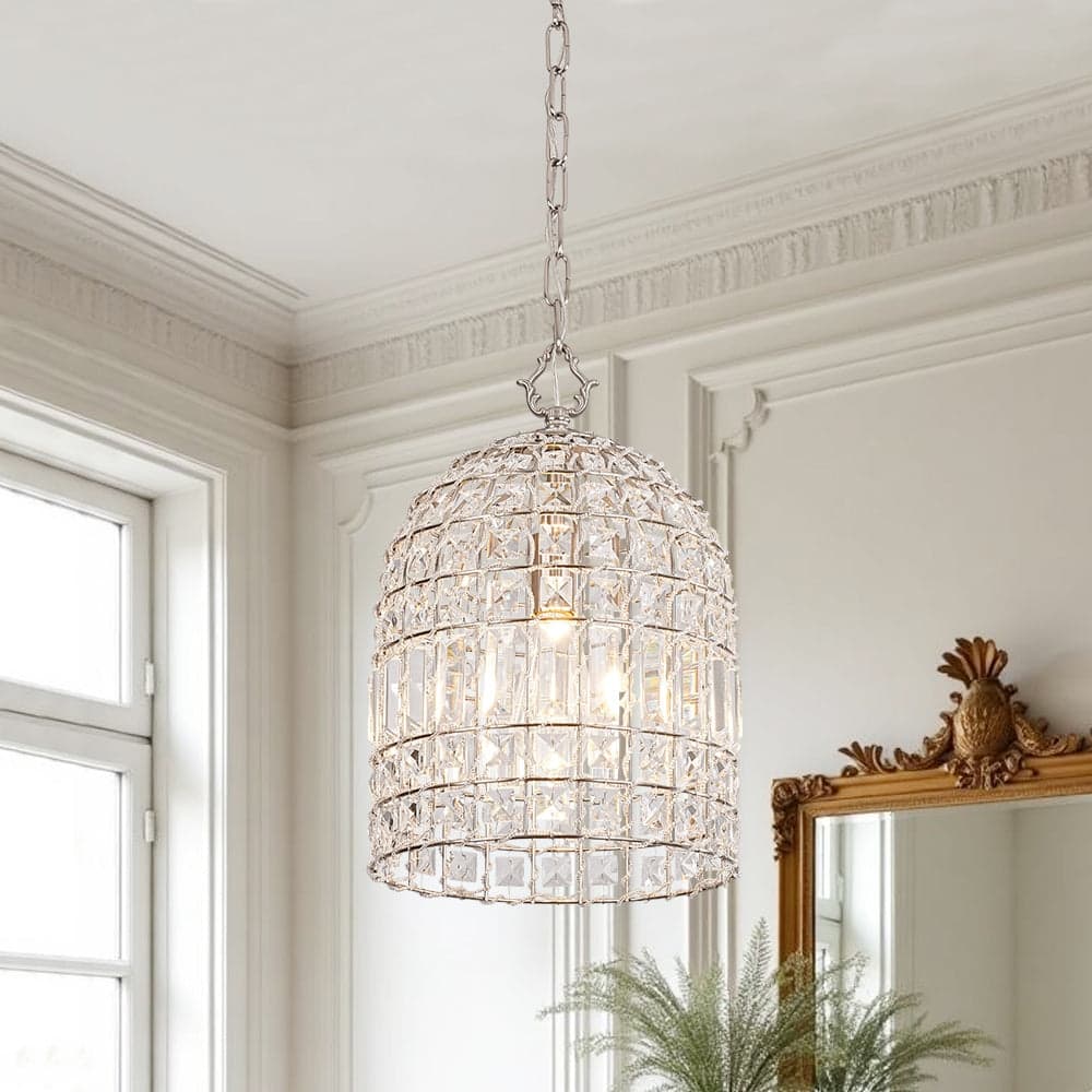 Vintage Glam Crystal Bird Cage Lantern Chandelier - Distressed Brass